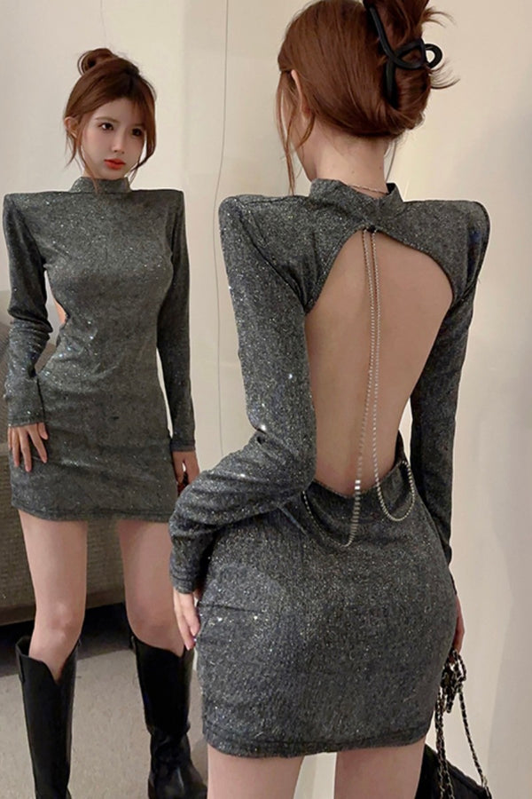 Silver sequined hollow back dress  KF705707