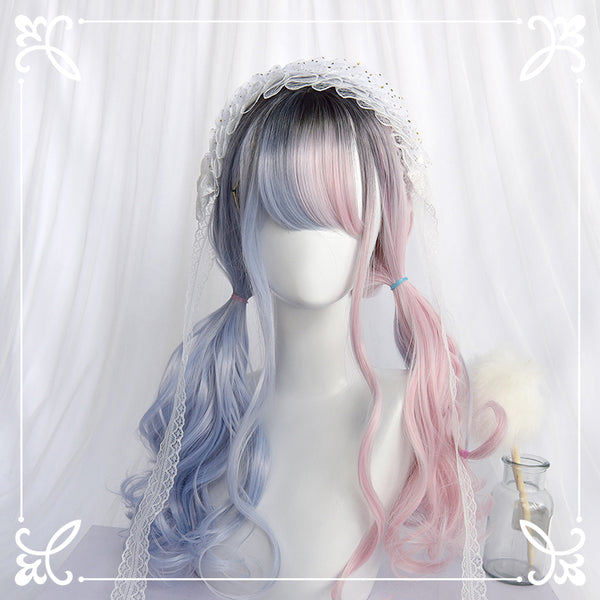 Pink blue long curly wig KF81672