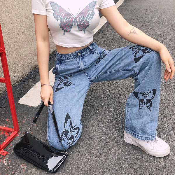 Harajuku butterfly print jeans  KF9937