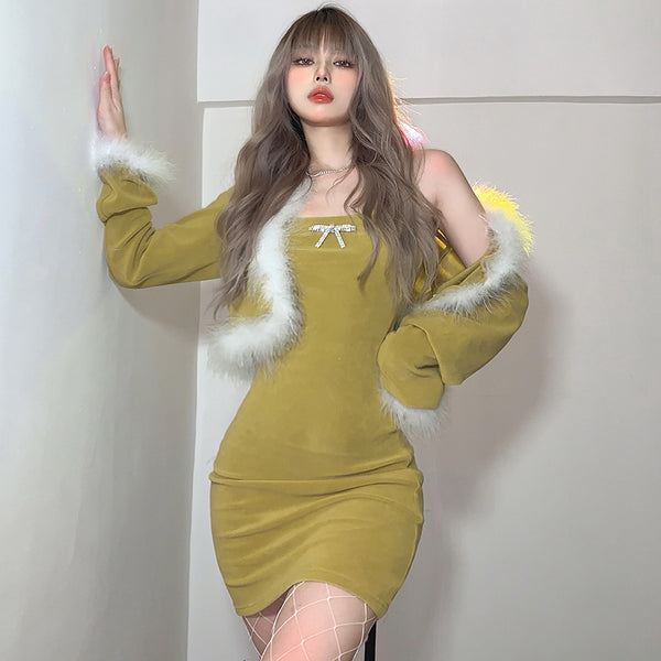 Fur collar coat + dress 2-piece set  KF82484