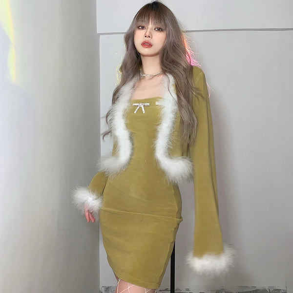 Fur collar coat + dress 2-piece set  KF82484